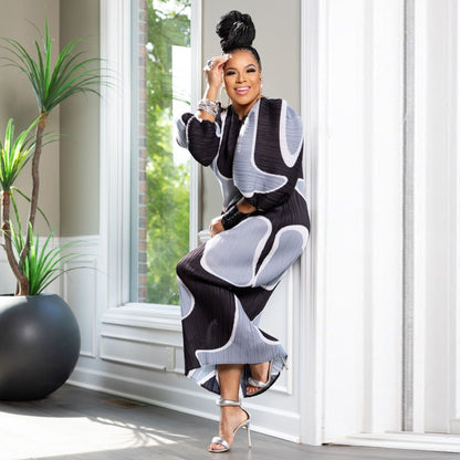 Crew Neck Puff Sleeve Abstract Print Plisse Belted Midi Dress