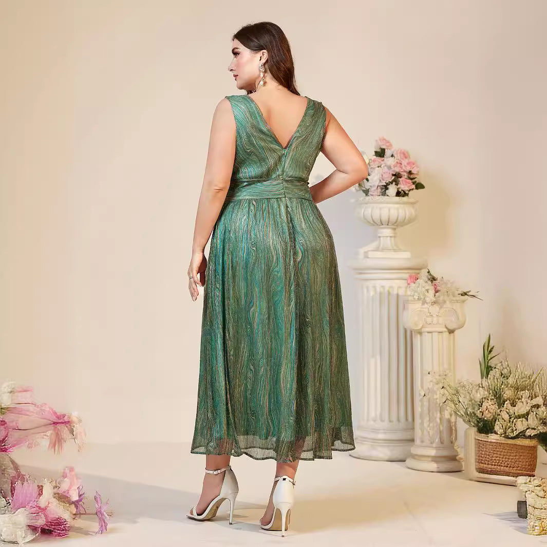 Deep V Neck Wrap Bodice Gathered Waist Shimmer Pleated Midi Dress