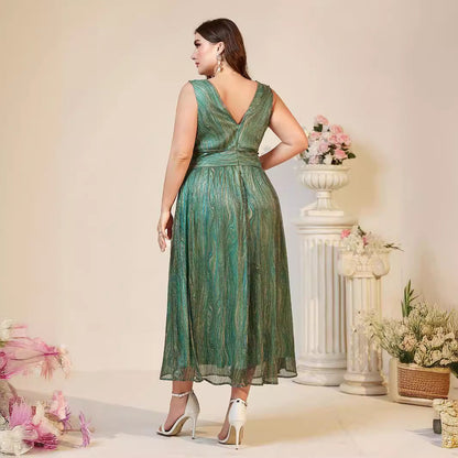 Deep V Neck Wrap Bodice Gathered Waist Shimmer Pleated Midi Dress