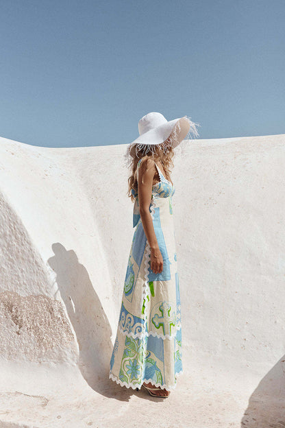Scoop Neck Crochet Trim Mediterranean Print Tiered Maxi Dress