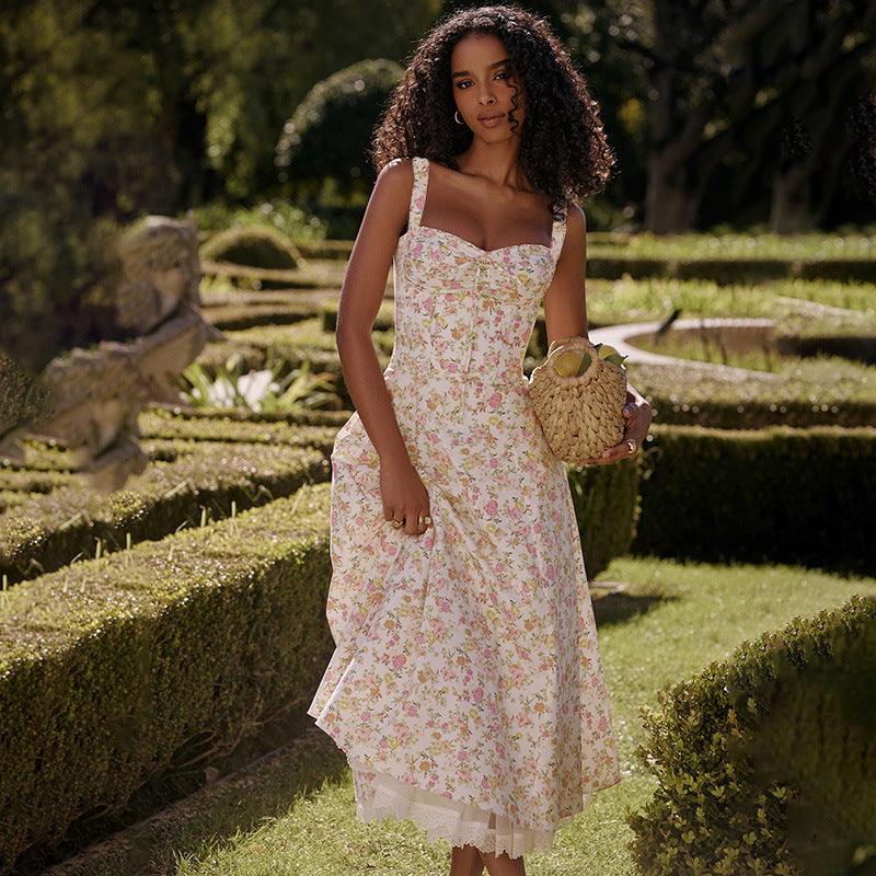 Floral Bustier Lace-Up Cami Strap Flared Midi Dress