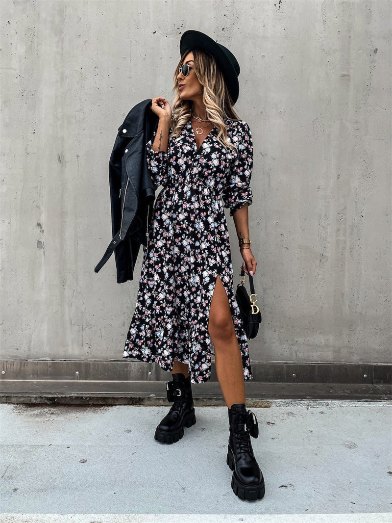 Deep V Floral Print Button Front High Slit Midi Dress