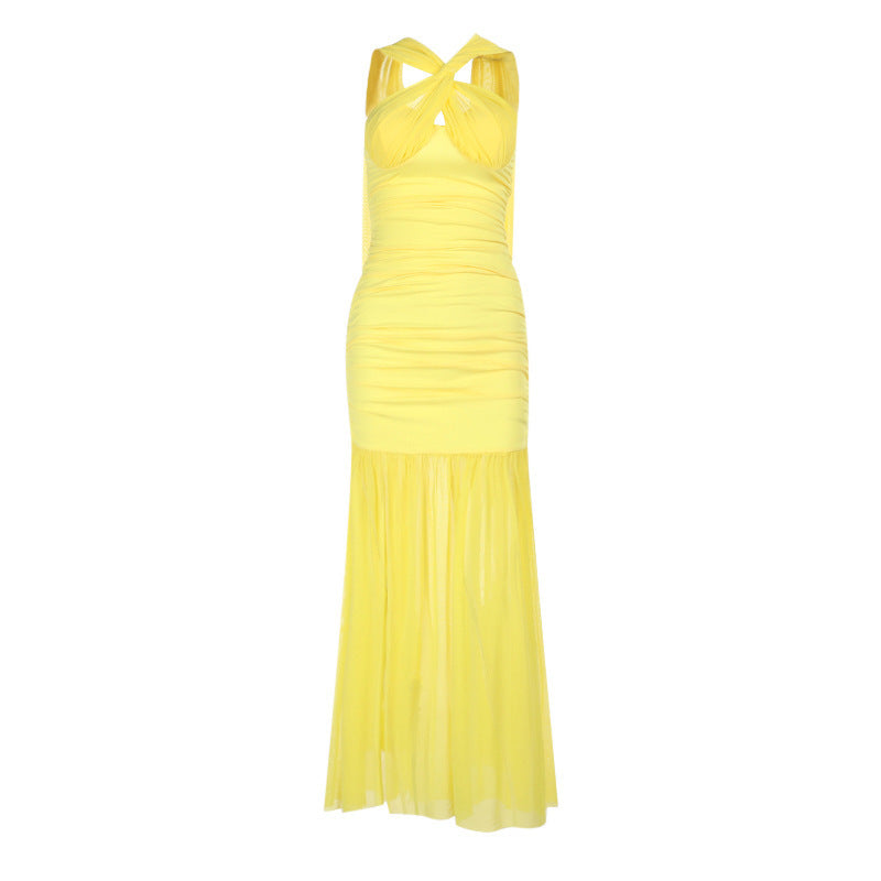 Halter Keyhole Ruched Bustier Mesh Skirt Column Maxi Gown