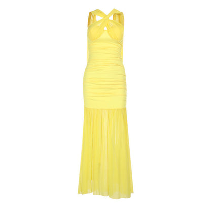 Halter Keyhole Ruched Bustier Mesh Skirt Column Maxi Gown
