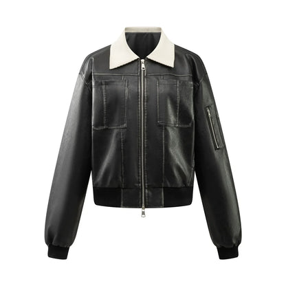 PU Leather Jacket with Lamb Wool Collar