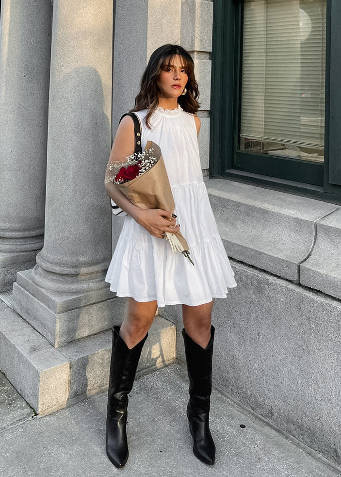 Ruffled High Neck Tiered Babydoll Sleeveless Mini Dress