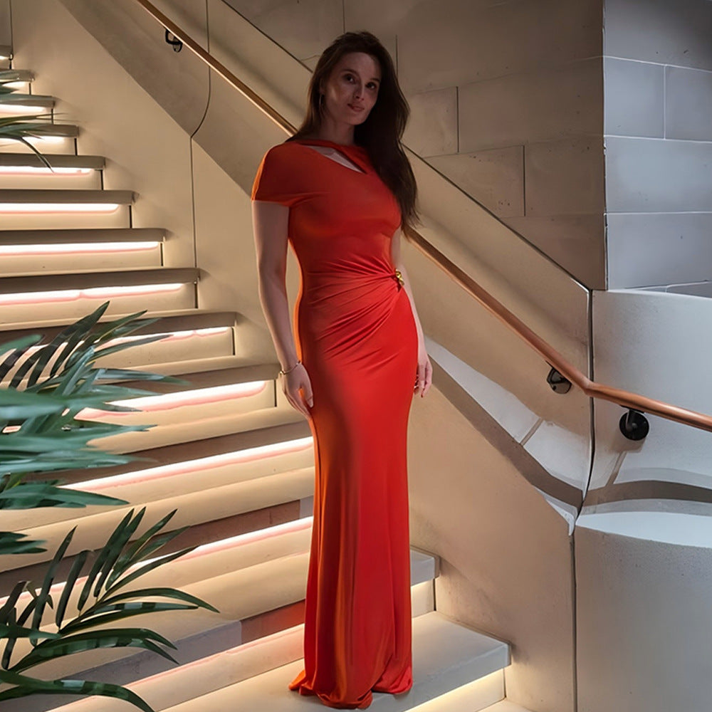 One Shoulder Cap Sleeve Cutout Ruched Maxi Dress with Buckle
