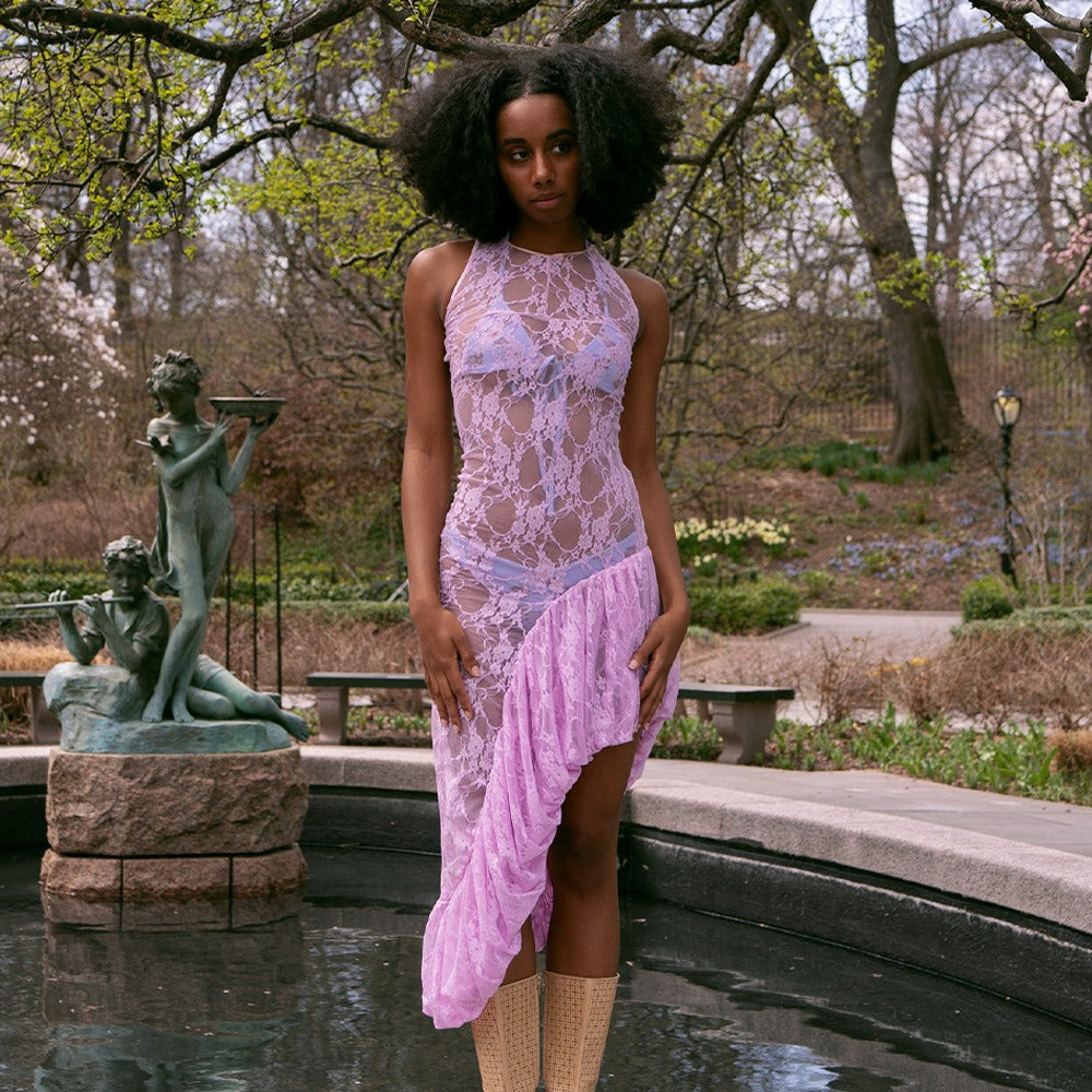 High Neck Sleeveless Sheer Floral Lace Ruffle Flounce High Slit Maxi Dress