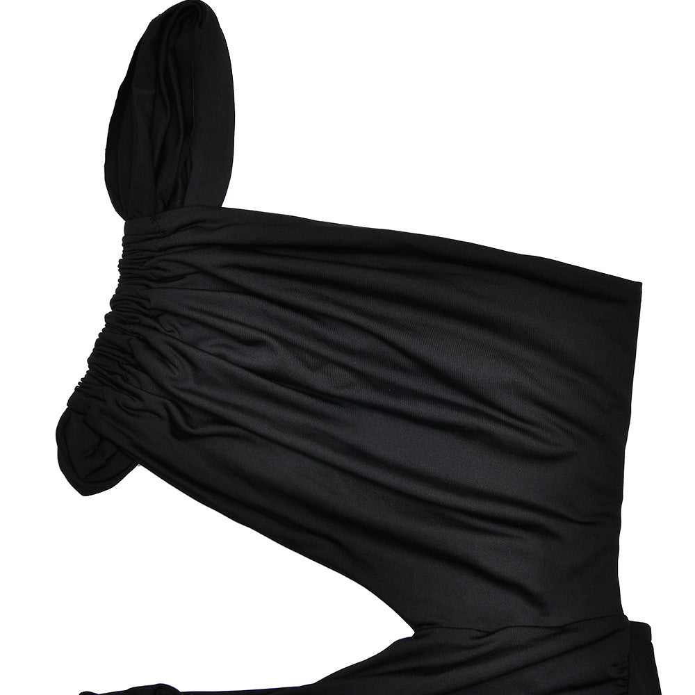 One Shoulder Triangular Cutout Ruched Hip Twist Drape Maxi Dress