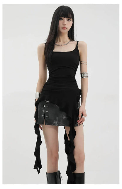 Black Asymmetric Ribbon Strap Tank Top With Ruffle Edge Design