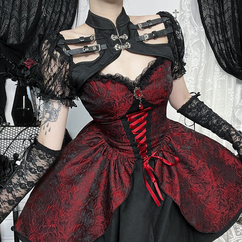 Sweetheart Lace Up Corset Jacquard Layered Mini Dress