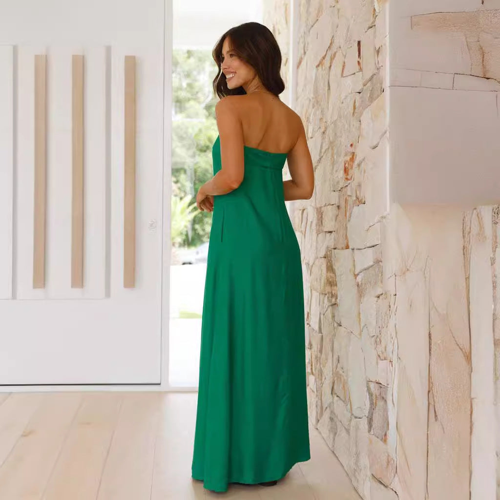 Strapless Foldover Neck Column Satin Maxi Dress