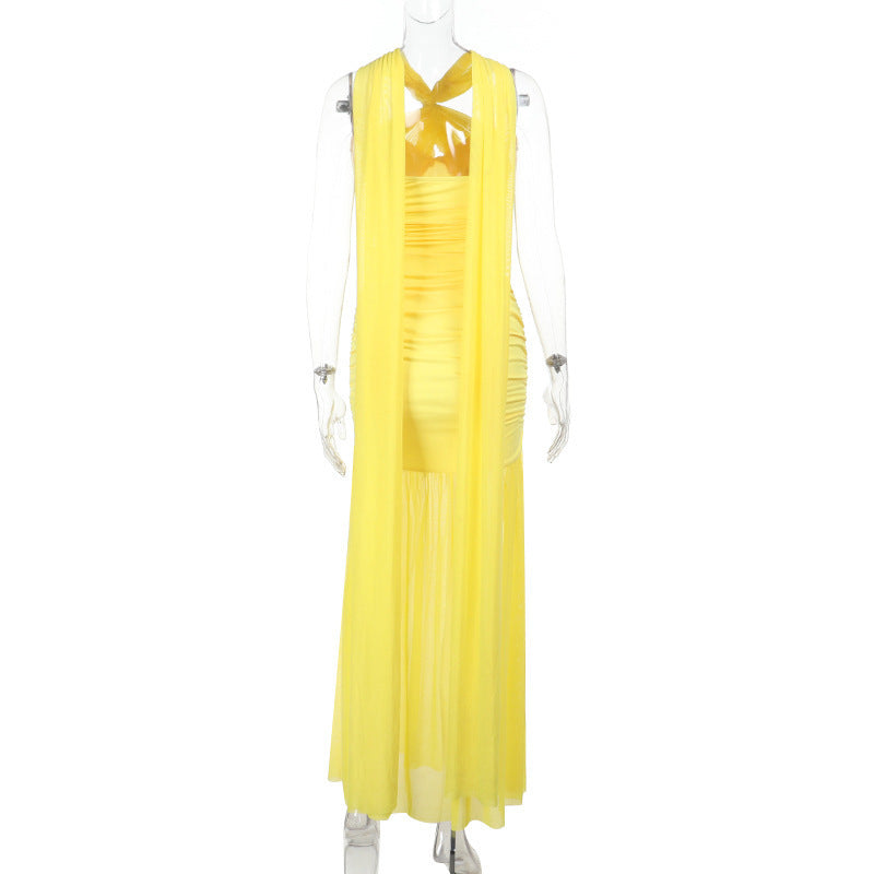 Halter Keyhole Ruched Bustier Mesh Skirt Column Maxi Gown