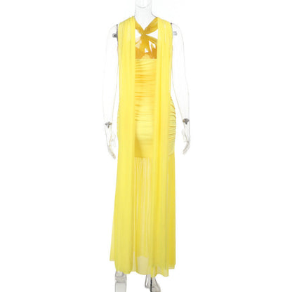Halter Keyhole Ruched Bustier Mesh Skirt Column Maxi Gown