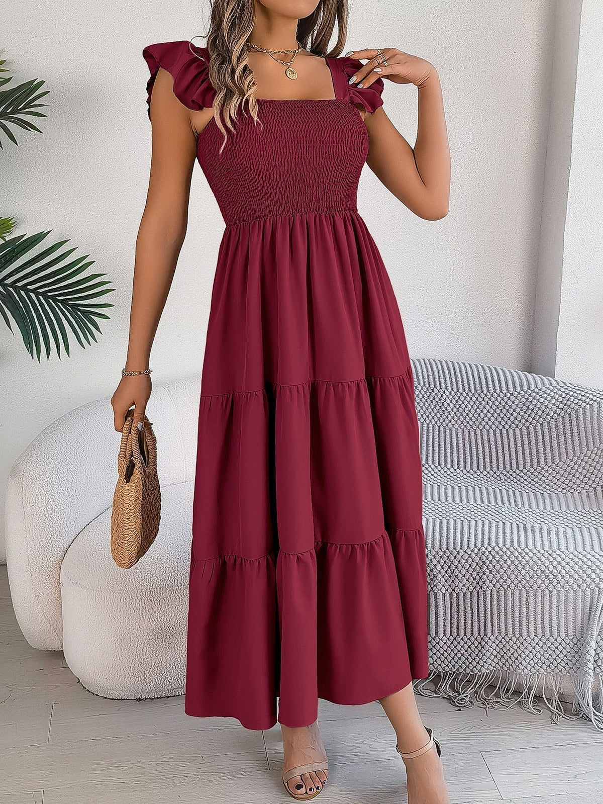 Wine Red Off Shoulder Embroidered Floral Tiered Maxi Dress