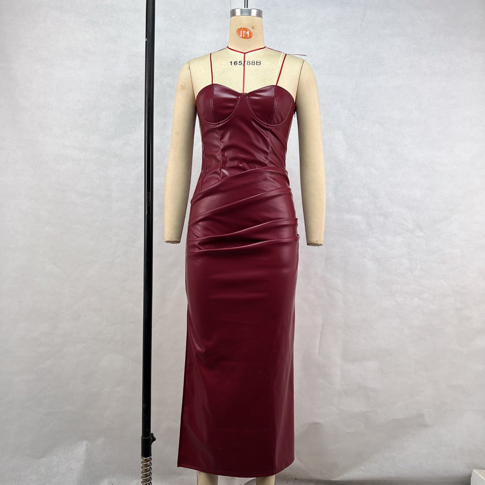 Strapless Sweetheart Corset Faux Leather Column Maxi Dress