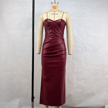 Strapless Sweetheart Corset Faux Leather Column Maxi Dress