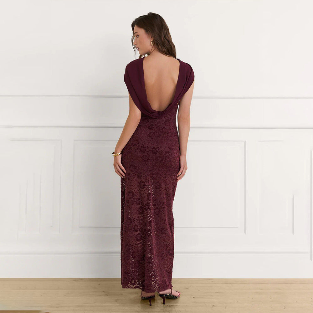 Halter Scarf Neck Floral Lace Sheer Skirt Column Maxi Gown