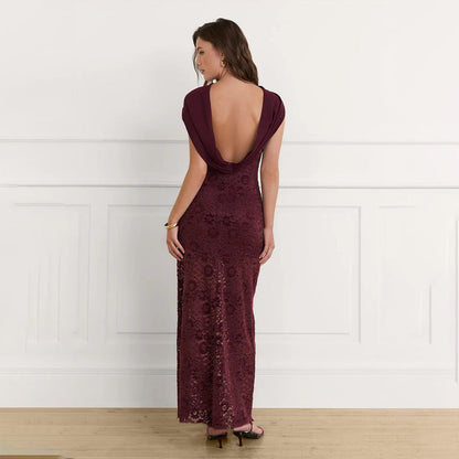 Halter Scarf Neck Floral Lace Sheer Skirt Column Maxi Gown