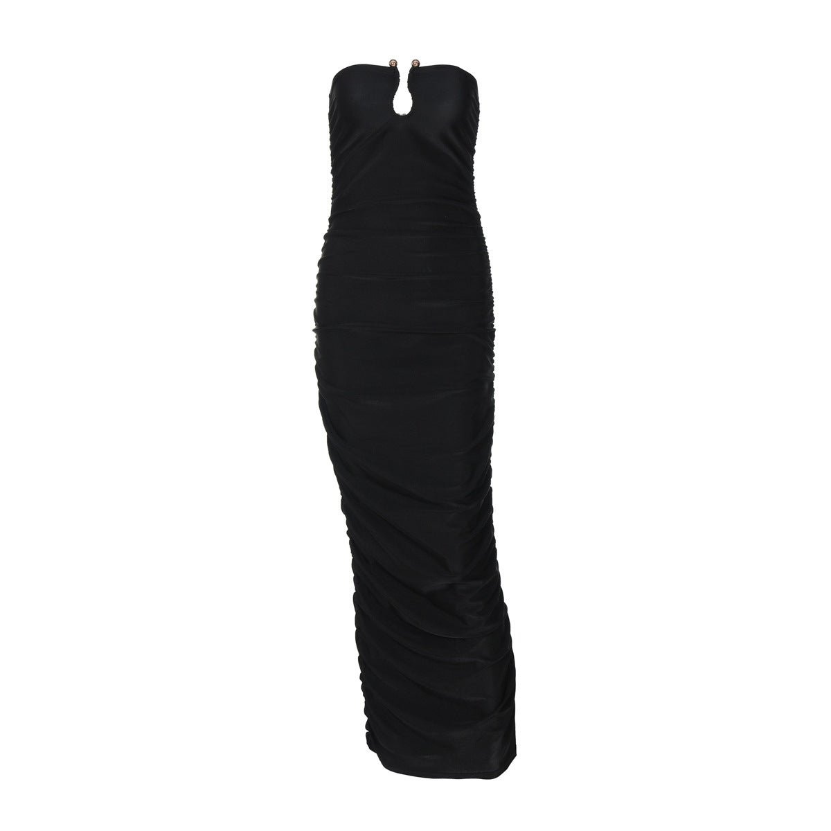 Strapless Bust Cutout Horizontal Ruched Bodycon Floor Length Maxi Dress