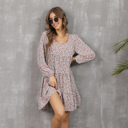 Round Neck Long Sleeve Ditsy Floral Tiered Babydoll Mini Dress