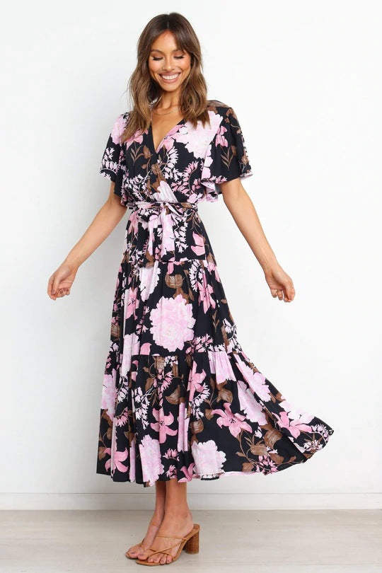 Deep V Neck Wrap Tie Waist Flutter Sleeve Tiered Floral Maxi Dress