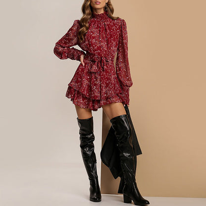 Mock Neck Ruffled Collar Lantern Sleeve Tie Waist Ditsy Floral Mini Dress