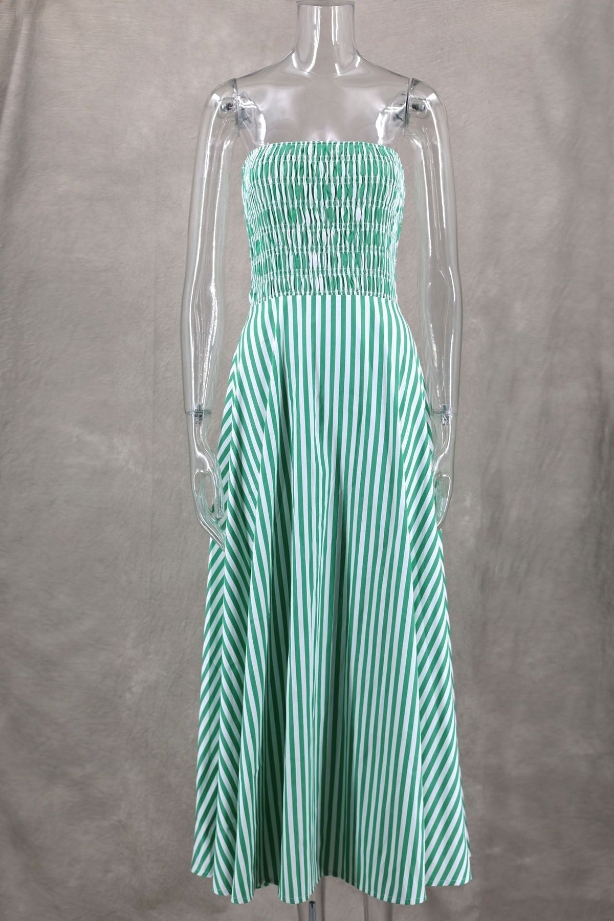 Strapless Shirred Striped Flowy Maxi Dress