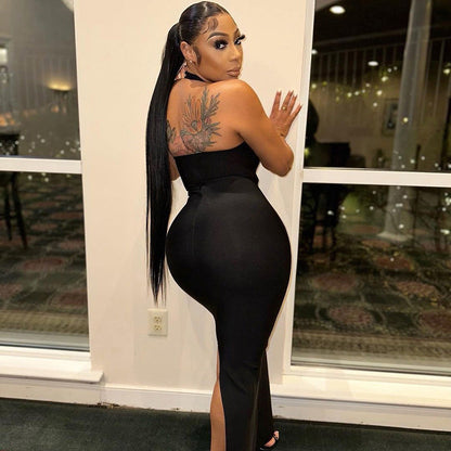 Halter Neck Hollow Out Cutout Bandage Slit Maxi Dress