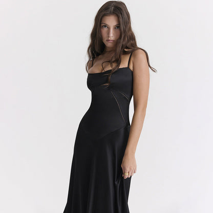 Square Neck Corset Bodice Pintuck Lace Up Back Satin Slip Maxi Dress