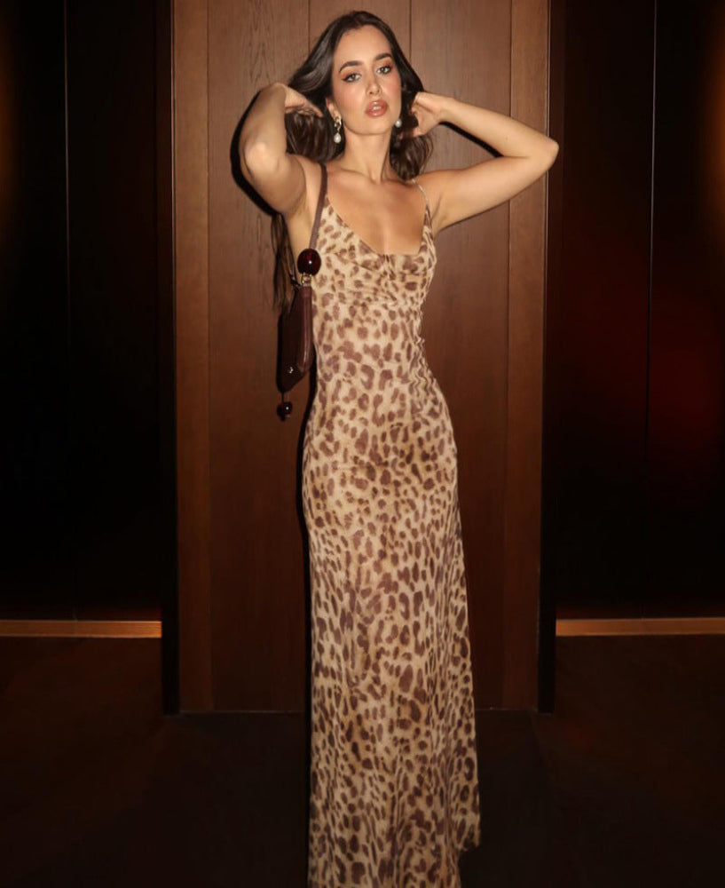 Cowl Neck Spaghetti Strap Print Chiffon Slip Maxi Dress