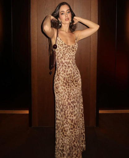 Cowl Neck Spaghetti Strap Print Chiffon Slip Maxi Dress