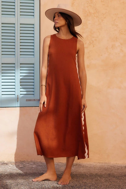 Round Neck Sleeveless Scalloped Side Panel A-Line Midi Dress