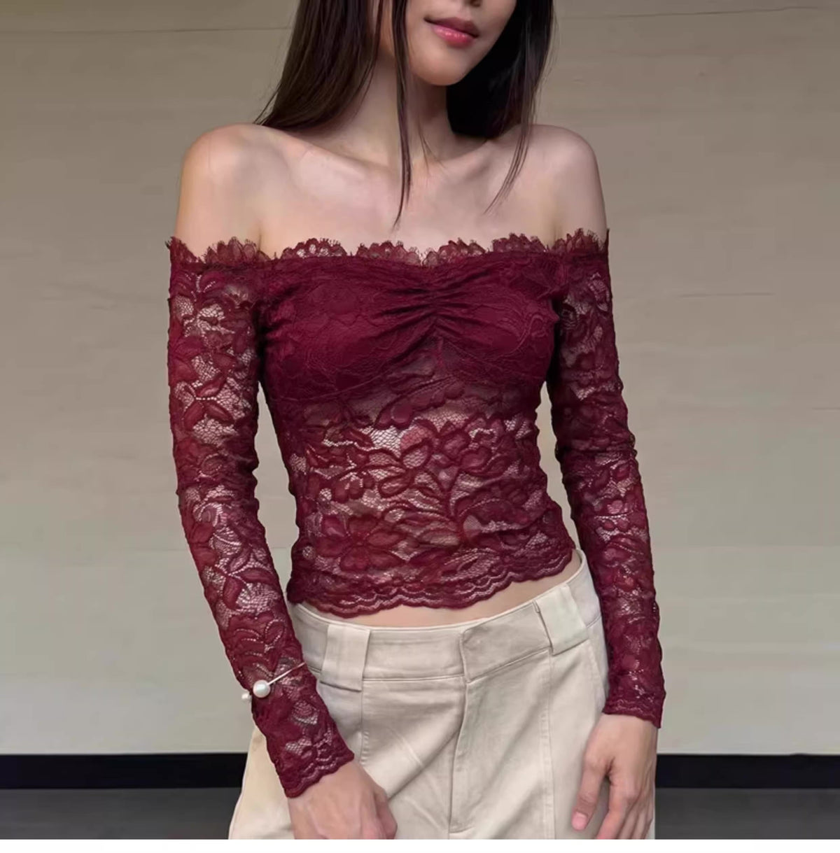 Lace Off-Shoulder Long Sleeve Top