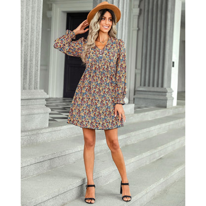 V Neck Ditsy Floral Ruffle Cuff Empire Waist Mini Dress