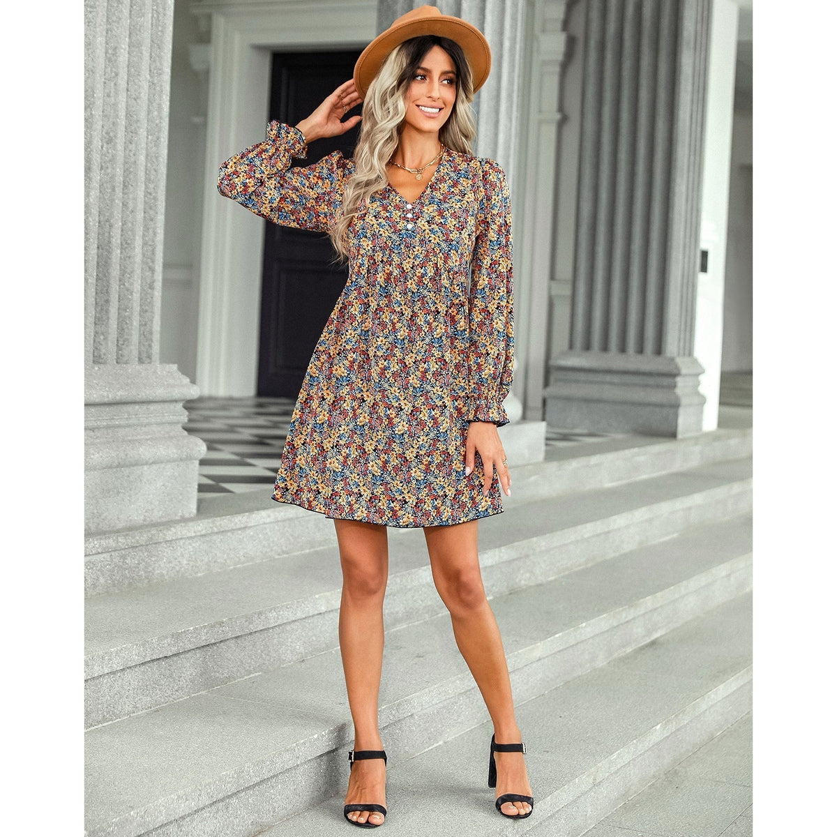 V Neck Button Front Ditsy Floral Ruffle Cuff Babydoll Mini Dress