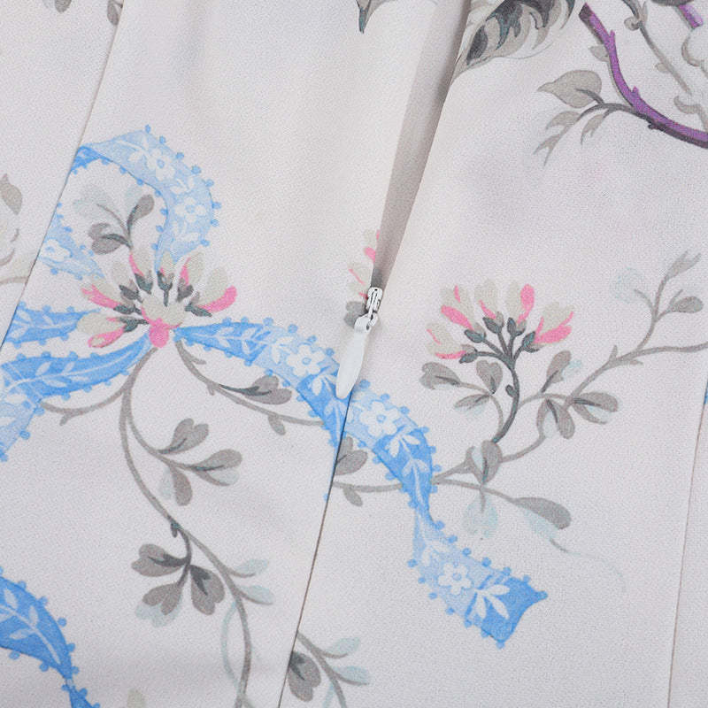 Square Neck Corset Ribbon Floral Gathered A-Line Midi Dress