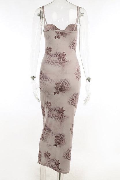 Sweetheart Bodycon Lace Mesh Sleeveless Printed Maxi Dress