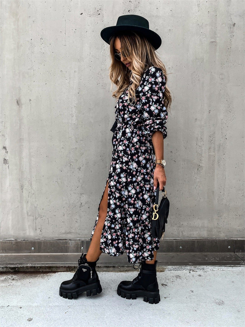 Deep V Floral Print Button Front High Slit Midi Dress