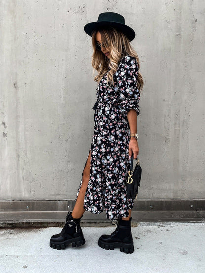 Deep V Floral Print Button Front High Slit Midi Dress