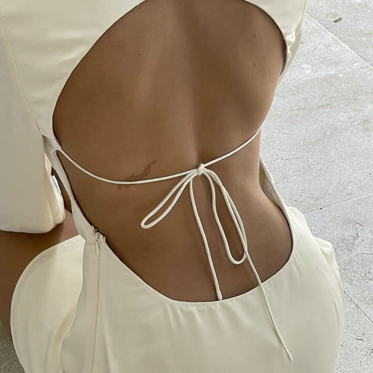 Long Sleeve Open Back Tie Bow Circle Cutout Mini Dress