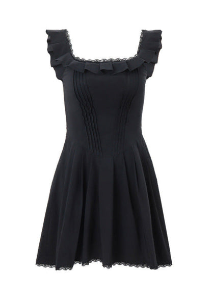 Square Neck Ruffle Trim Corset Seam Pleated Mini Dress