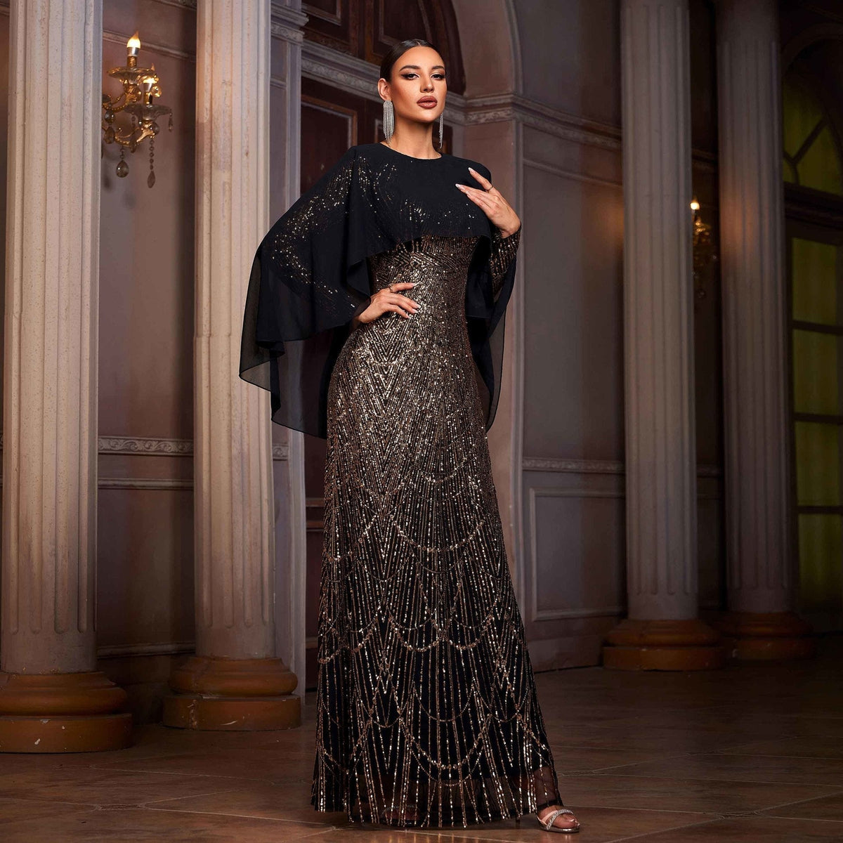 Sequin Geometric Art Deco Capelet Overlay Long Sleeve Column Gown