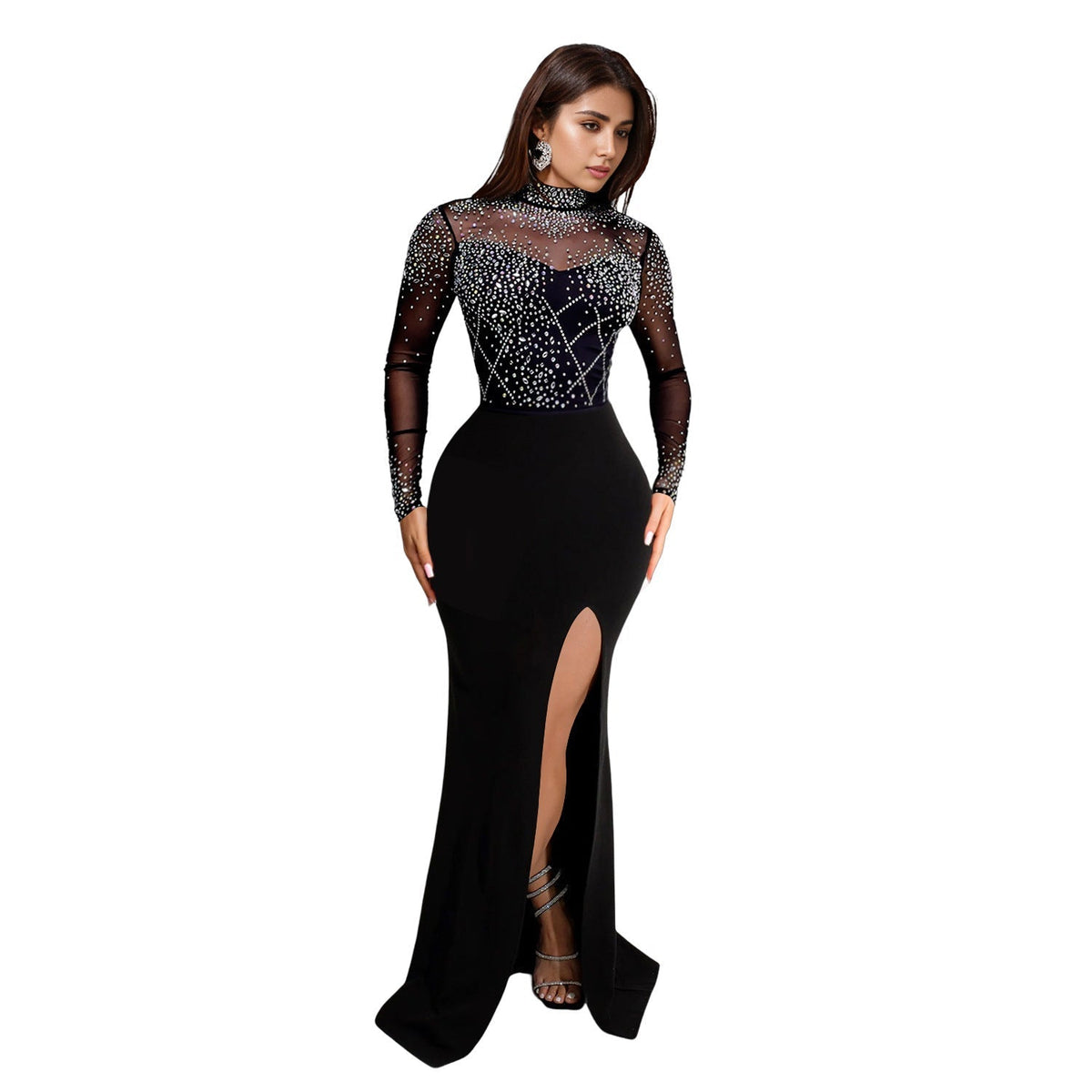 Rhinestone Mesh Long Sleeve High Neck Front Slit Maxi Gown