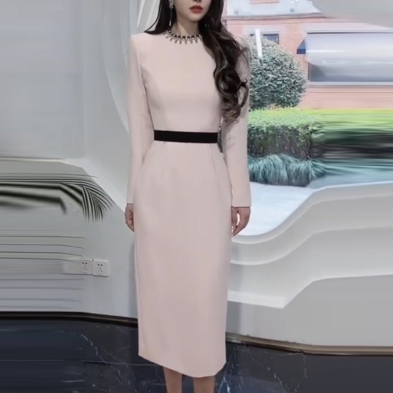 Crystal Embellished Crew Neck Long Sleeve Contrast Waistband Sheath Midi Dress