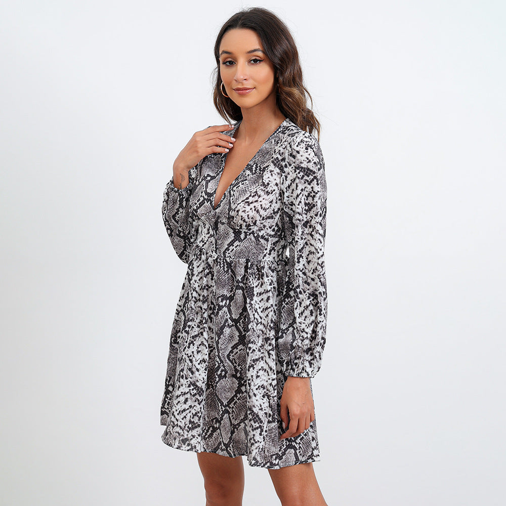 Deep V Neck Python Print Empire Waist Flare Sleeve Mini Dress