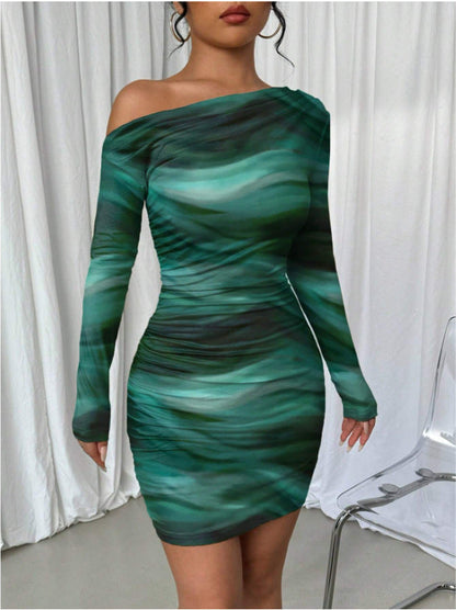 Stitch Sheer Mesh See Through Abstract Off Shoulder Mini Dress