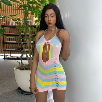 Knit Crochet Halter Neck Keyhole Cut Out Striped Bodycon Mini Dress