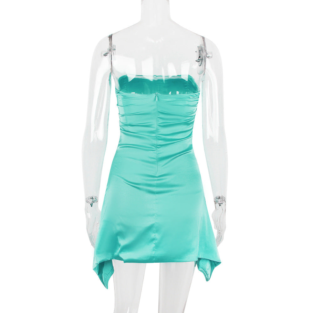 Strapless Ruched Side Cascade Panel Satin Mini Dress