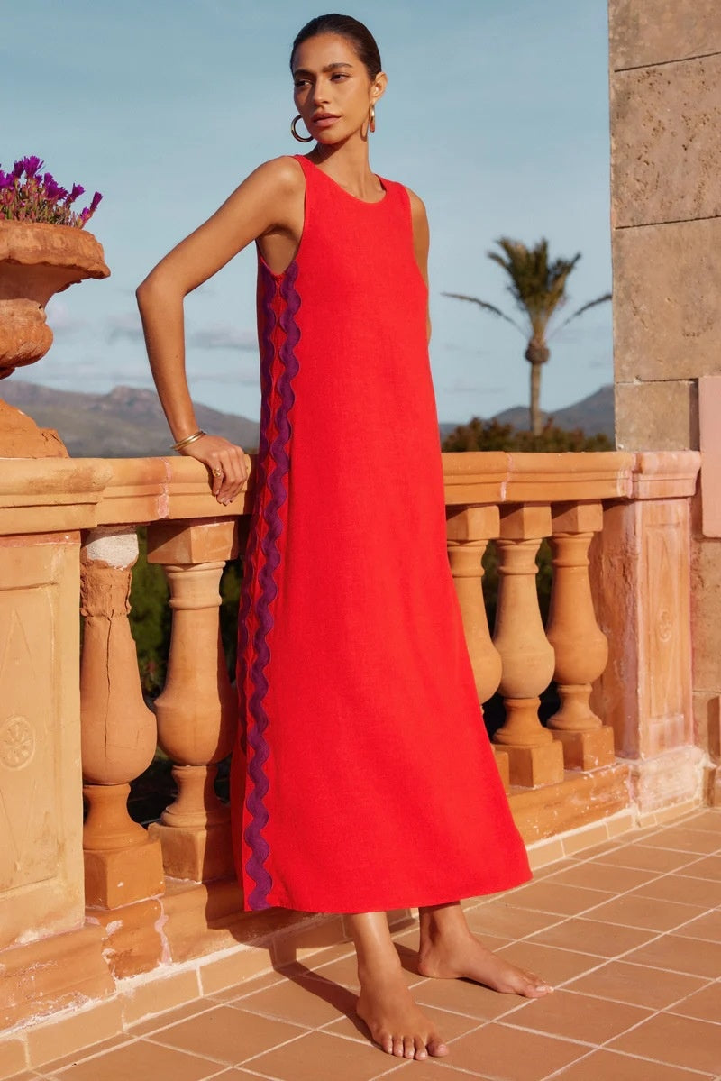 Round Neck Sleeveless Scalloped Side Panel A-Line Midi Dress